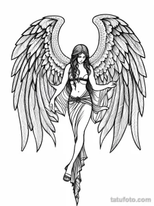 Черно-белый эскиз татуировки ангела, выполненный в стиле line art с акцентом на тонкие линии и минимализм.
