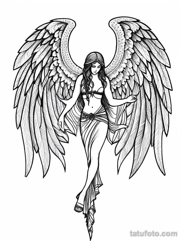 Эскизы тату Архангел Гавриил redraw tattoo sketches on a white sheet into a boho-style Archangel Gabriel tattoo sketch, with soft lines, floral accents, eart tatufoto.com 226