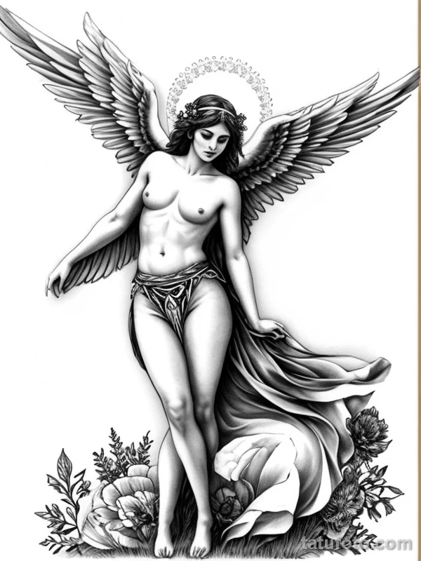 Эскизы тату Архангел Гавриил redraw tattoo sketches on a white sheet into a boho-style Archangel Gabriel tattoo sketch, with soft lines, floral accents, eart tatufoto.com 251