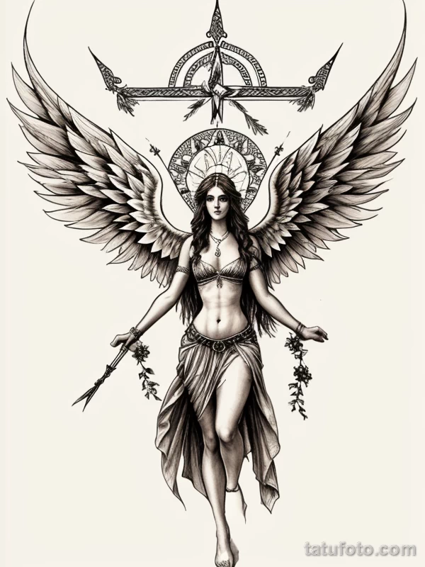 Эскизы тату Архангел Гавриил redraw tattoo sketches on a white sheet into a boho-style Archangel Gabriel tattoo sketch, with soft lines, floral accents, eart tatufoto.com 276