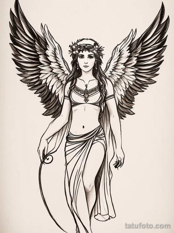 Эскизы тату Архангел Гавриил redraw tattoo sketches on a white sheet into a boho-style Archangel Gabriel tattoo sketch, with soft lines, floral accents, eart tatufoto.com 326