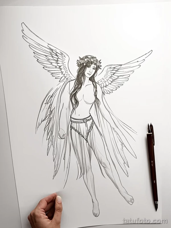 Эскизы тату Архангел Гавриил redraw tattoo sketches on a white sheet into a boho-style Archangel Gabriel tattoo sketch, with soft lines, floral accents, eart tatufoto.com 426