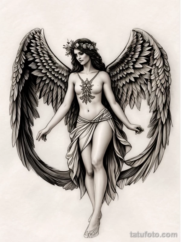 Эскизы тату Архангел Гавриил redraw tattoo sketches on a white sheet into a boho-style Archangel Gabriel tattoo sketch, with soft lines, floral accents, eart tatufoto.com 551