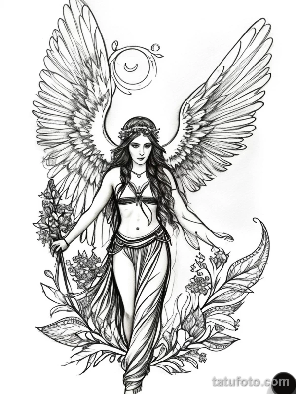 Эскизы тату Архангел Гавриил redraw tattoo sketches on a white sheet into a boho-style Archangel Gabriel tattoo sketch, with soft lines, floral accents, eart tatufoto.com 626
