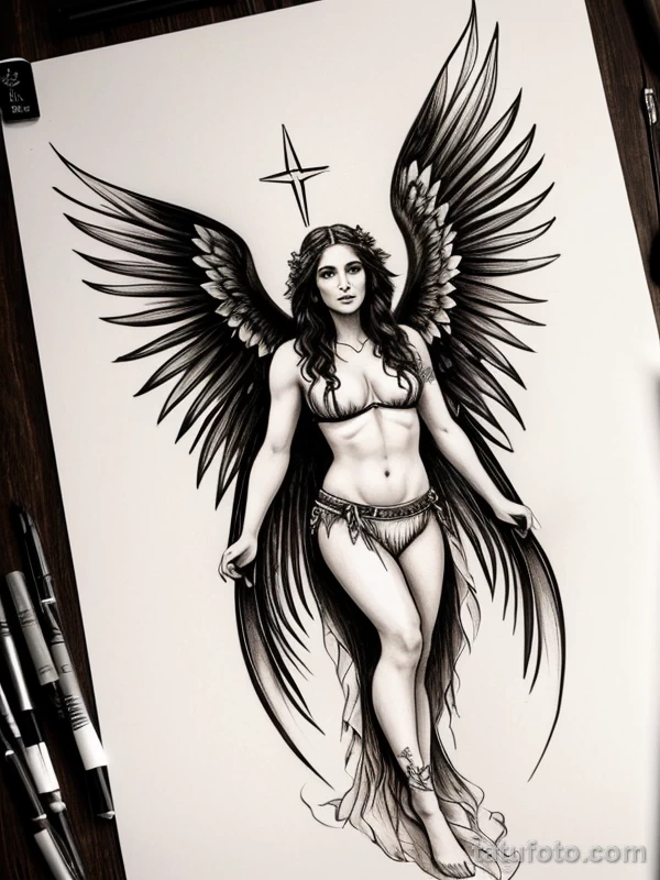 Эскизы тату Архангел Гавриил redraw tattoo sketches on a white sheet into a boho-style Archangel Gabriel tattoo sketch, with soft lines, floral accents, eart tatufoto.com 651