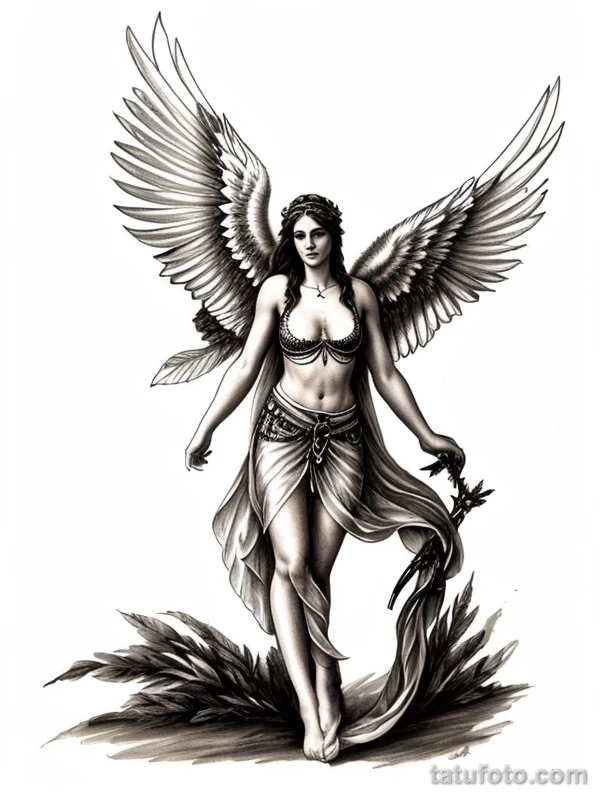 Эскизы тату Архангел Гавриил redraw tattoo sketches on a white sheet into a boho-style Archangel Gabriel tattoo sketch, with soft lines, floral accents, eart tatufoto.com 701