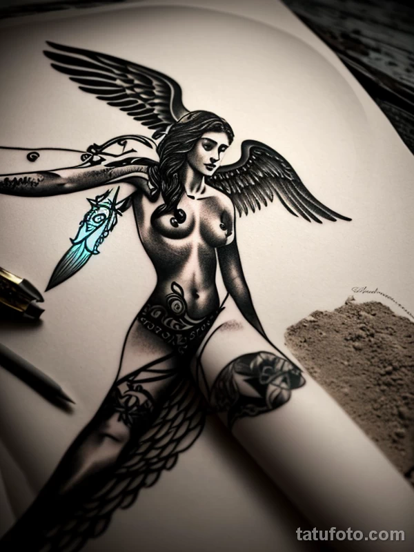 Эскизы тату Архангел Гавриил redraw tattoo sketches on a white sheet into a boho-style Archangel Gabriel tattoo sketch, with soft lines, floral accents, eart tatufoto.com 751