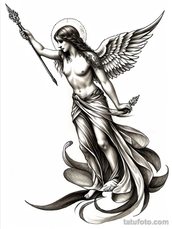 Эскизы тату Архангел Гавриил redraw tattoo sketches on a white sheet into a boho-style Archangel Gabriel tattoo sketch, with soft lines, floral accents, eart tatufoto.com 776