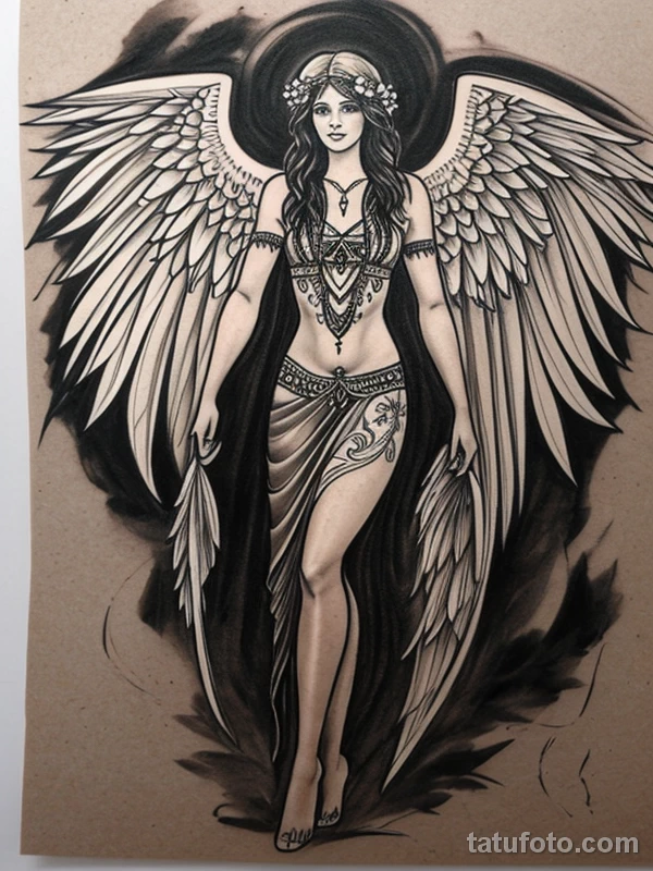 Эскизы тату Архангел Гавриил redraw tattoo sketches on a white sheet into a boho-style Archangel Gabriel tattoo sketch, with soft lines, floral accents, eart tatufoto.com 801
