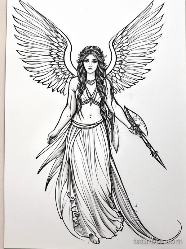 Эскизы тату Архангел Гавриил redraw tattoo sketches on a white sheet into a boho-style Archangel Gabriel tattoo sketch, with soft lines, floral accents, eart tatufoto.com 851
