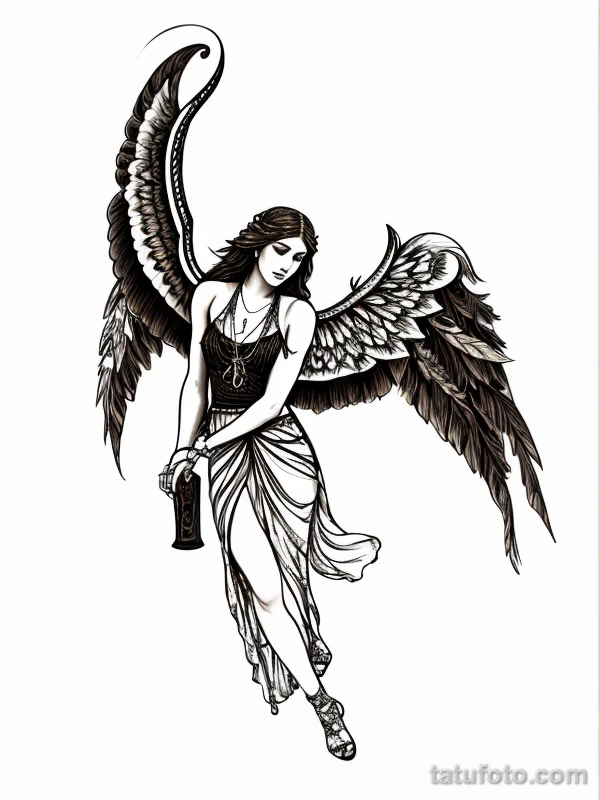 Эскизы тату Архангел Гавриил redraw tattoo sketches on a white sheet into a boho-style Archangel Gabriel tattoo sketch, with soft lines, floral accents, eart tatufoto.com 876