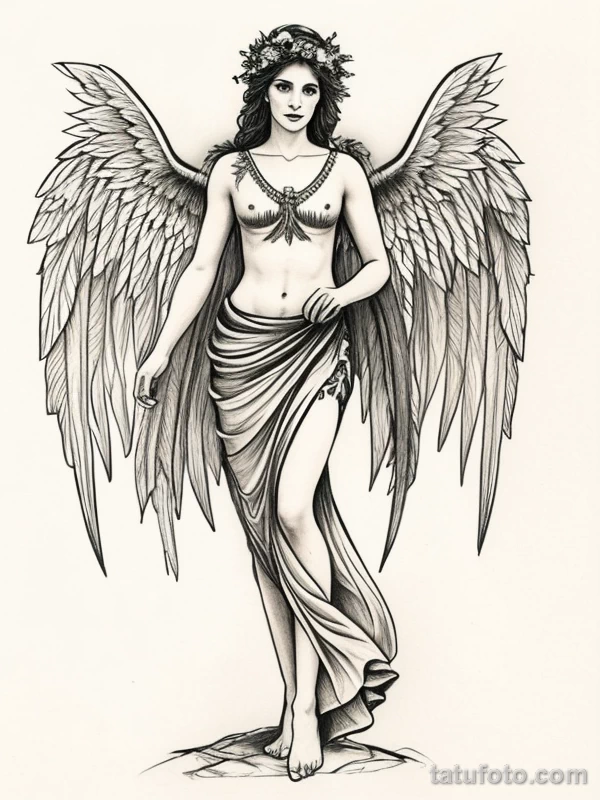 Эскизы тату Архангел Гавриил redraw tattoo sketches on a white sheet into a boho-style Archangel Gabriel tattoo sketch, with soft lines, floral accents, eart tatufoto.com 901