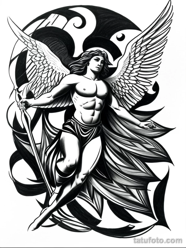 Эскизы тату Архангел Гавриил redraw tattoo sketches on a white sheet into a bold and graphic Archangel Gabriel tattoo sketch, with thick black lines, high co tatufoto.com 494