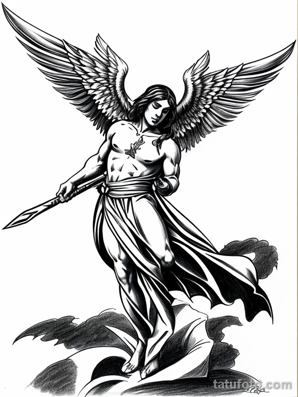 Эскизы тату Архангел Гавриил redraw tattoo sketches on a white sheet into a cartoonish Archangel Gabriel tattoo sketch, with exaggerated features, playful st tatufoto.com 022