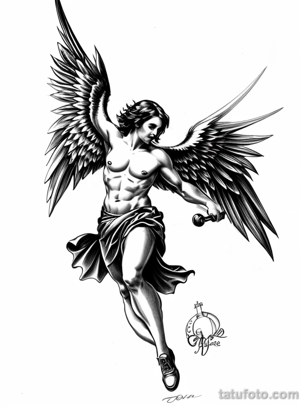 Эскизы тату Архангел Гавриил redraw tattoo sketches on a white sheet into a cartoonish Archangel Gabriel tattoo sketch, with exaggerated features, playful st tatufoto.com 171