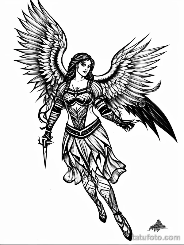 Эскизы тату Архангел Гавриил redraw tattoo sketches on a white sheet into a cartoonish Archangel Gabriel tattoo sketch, with exaggerated features, playful st tatufoto.com 221
