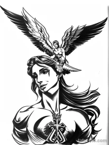 Черно-белое фото тату с изображением ангела, парящего над девушкой с крестом. Оригинальный и символичный рисунок.