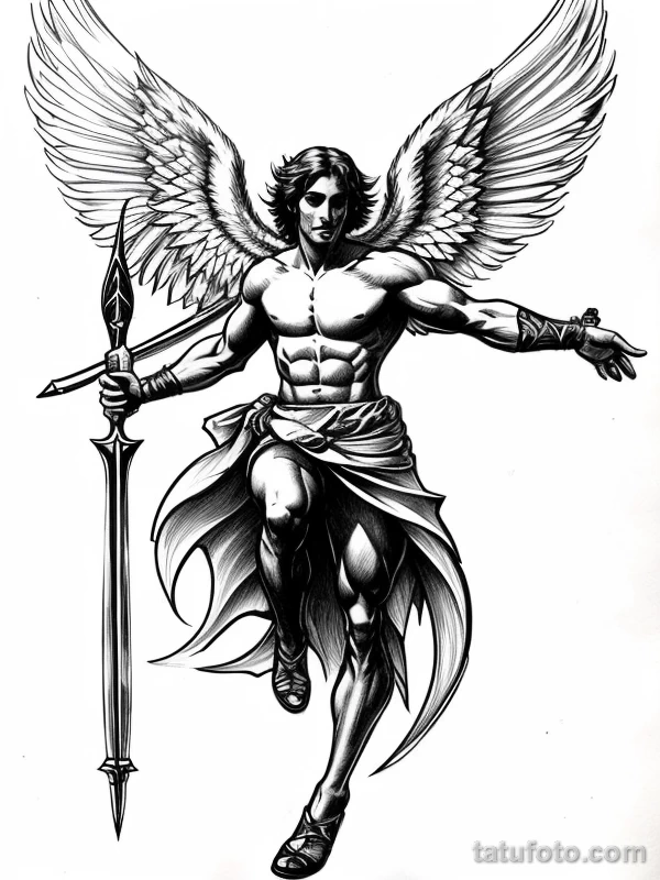 Эскизы тату Архангел Гавриил redraw tattoo sketches on a white sheet into a cartoonish Archangel Gabriel tattoo sketch, with exaggerated features, playful st tatufoto.com 396