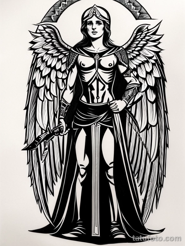 Эскизы тату Архангел Гавриил redraw tattoo sketches on a white sheet into a cartoonish Archangel Gabriel tattoo sketch, with exaggerated features, playful st tatufoto.com 471