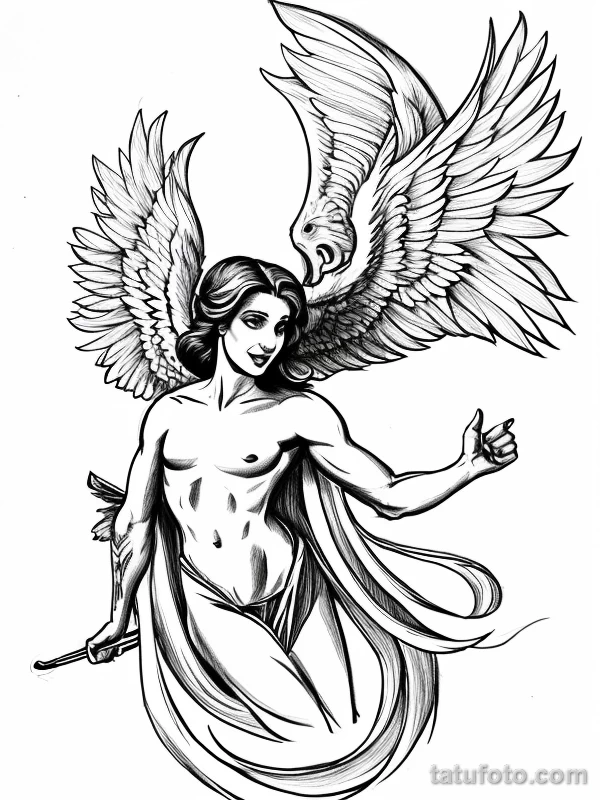 Эскизы тату Архангел Гавриил redraw tattoo sketches on a white sheet into a cartoonish Archangel Gabriel tattoo sketch, with exaggerated features, playful st tatufoto.com 646