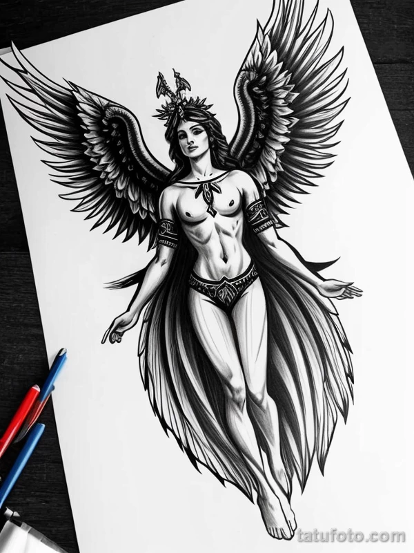 Эскизы тату Архангел Гавриил redraw tattoo sketches on a white sheet into a cartoonish Archangel Gabriel tattoo sketch, with exaggerated features, playful st tatufoto.com 671