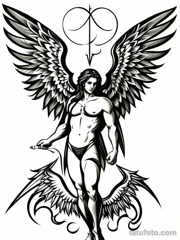 Эскизы тату Архангел Гавриил redraw tattoo sketches on a white sheet into a cartoonish Archangel Gabriel tattoo sketch, with exaggerated features, playful st tatufoto.com 696