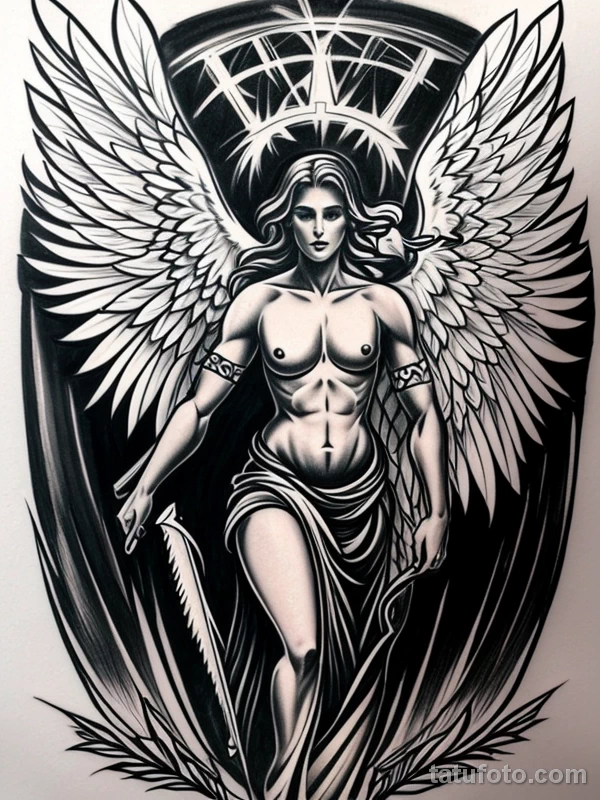 Эскизы тату Архангел Гавриил redraw tattoo sketches on a white sheet into a cartoonish Archangel Gabriel tattoo sketch, with exaggerated features, playful st tatufoto.com 821