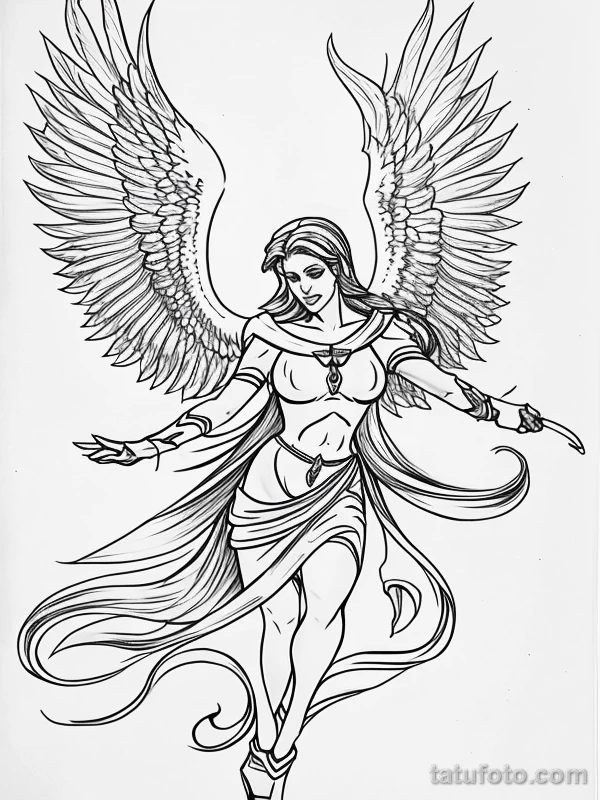 Эскизы тату Архангел Гавриил redraw tattoo sketches on a white sheet into a cartoonish Archangel Gabriel tattoo sketch, with exaggerated features, playful st tatufoto.com 846