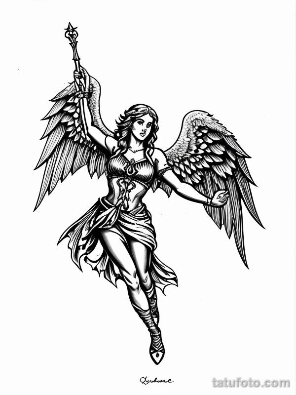 Эскизы тату Архангел Гавриил redraw tattoo sketches on a white sheet into a cartoonish Archangel Gabriel tattoo sketch, with exaggerated features, playful st tatufoto.com 896