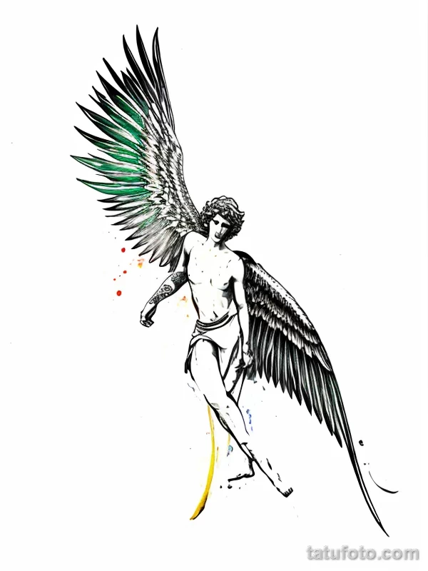 Эскизы тату Архангел Гавриил redraw tattoo sketches on a white sheet into a colorful Archangel Gabriel tattoo sketch, using vibrant colors with a watercolor tatufoto.com 074