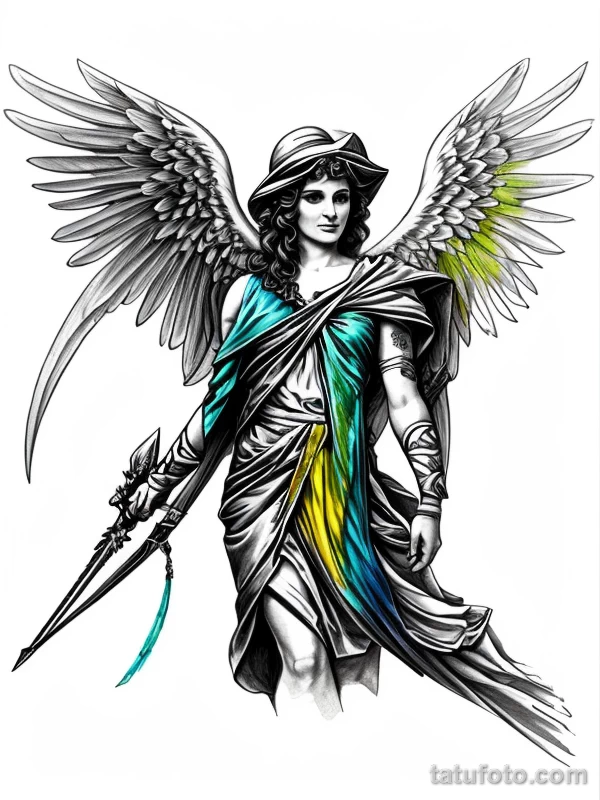 Эскизы тату Архангел Гавриил redraw tattoo sketches on a white sheet into a colorful Archangel Gabriel tattoo sketch, using vibrant colors with a watercolor tatufoto.com 124