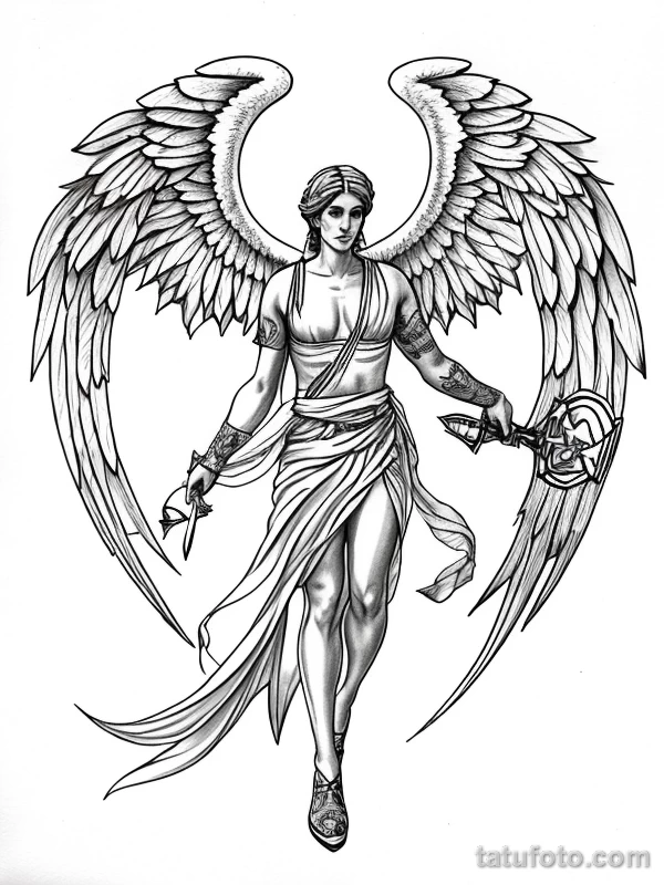Эскизы тату Архангел Гавриил redraw tattoo sketches on a white sheet into a colorful Archangel Gabriel tattoo sketch, using vibrant colors with a watercolor tatufoto.com 224