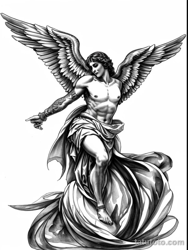 Эскизы тату Архангел Гавриил redraw tattoo sketches on a white sheet into a colorful Archangel Gabriel tattoo sketch, using vibrant colors with a watercolor tatufoto.com 249