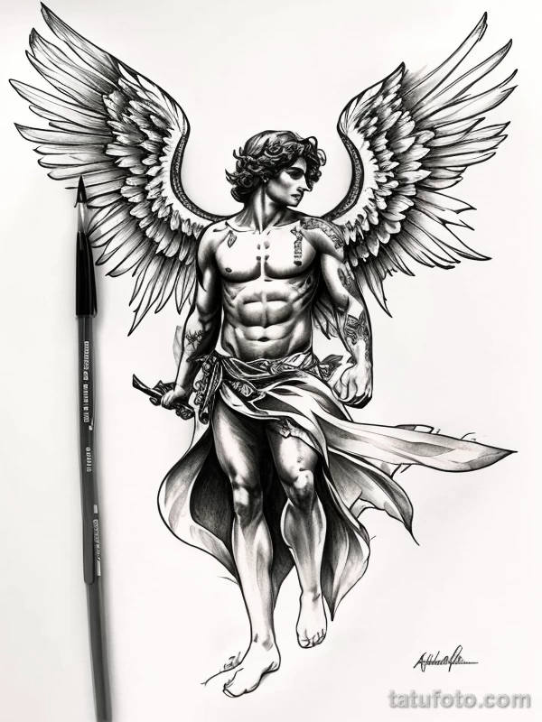 Эскизы тату Архангел Гавриил redraw tattoo sketches on a white sheet into a colorful Archangel Gabriel tattoo sketch, using vibrant colors with a watercolor tatufoto.com 374
