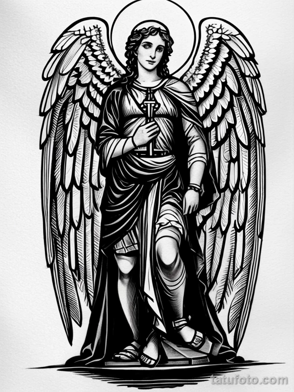 Эскизы тату Архангел Гавриил redraw tattoo sketches on a white sheet into a colorful Archangel Gabriel tattoo sketch, using vibrant colors with a watercolor tatufoto.com 449
