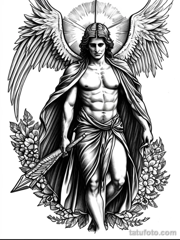 Эскизы тату Архангел Гавриил redraw tattoo sketches on a white sheet into a colorful Archangel Gabriel tattoo sketch, using vibrant colors with a watercolor tatufoto.com 474