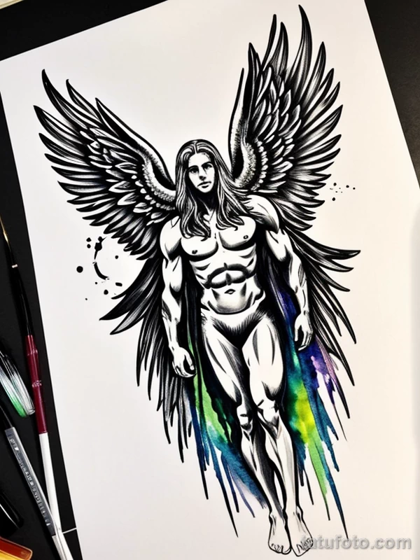 Эскизы тату Архангел Гавриил redraw tattoo sketches on a white sheet into a colorful Archangel Gabriel tattoo sketch, using vibrant colors with a watercolor tatufoto.com 649