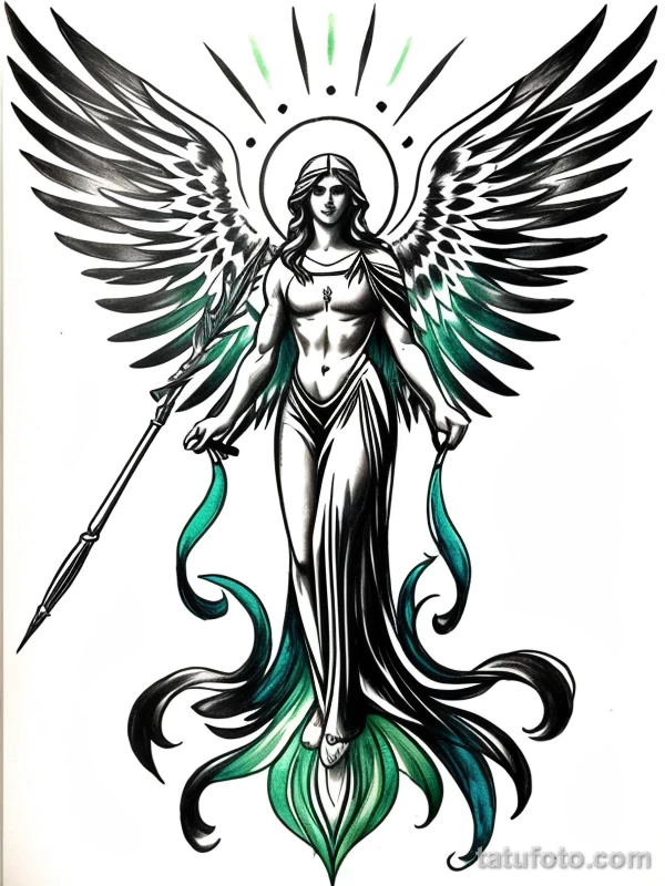 Эскизы тату Архангел Гавриил redraw tattoo sketches on a white sheet into a colorful Archangel Gabriel tattoo sketch, using vibrant colors with a watercolor tatufoto.com 674