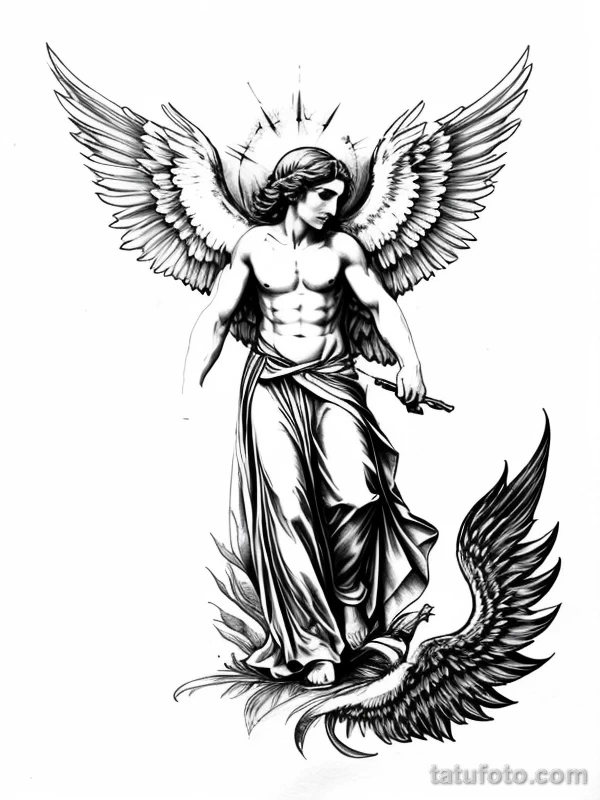 Эскизы тату Архангел Гавриил redraw tattoo sketches on a white sheet into a colorful Archangel Gabriel tattoo sketch, using vibrant colors with a watercolor tatufoto.com 774
