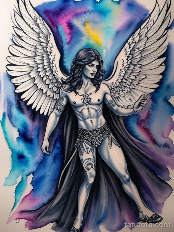 Эскизы тату Архангел Гавриил redraw tattoo sketches on a white sheet into a colorful Archangel Gabriel tattoo sketch, using vibrant colors with a watercolor tatufoto.com 799