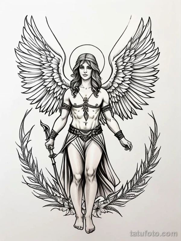 Эскизы тату Архангел Гавриил redraw tattoo sketches on a white sheet into a colorful Archangel Gabriel tattoo sketch, using vibrant colors with a watercolor tatufoto.com 824