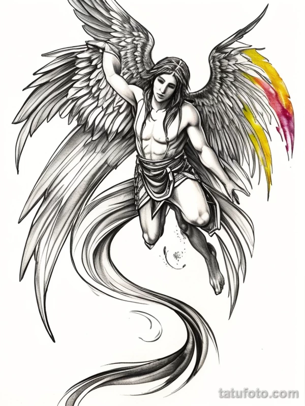 Эскизы тату Архангел Гавриил redraw tattoo sketches on a white sheet into a colorful Archangel Gabriel tattoo sketch, using vibrant colors with a watercolor tatufoto.com 899