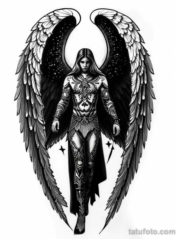 Эскизы тату Архангел Гавриил redraw tattoo sketches on a white sheet into a cosmic Archangel Gabriel tattoo sketch, with starry patterns, galaxy accents, dee tatufoto.com 015