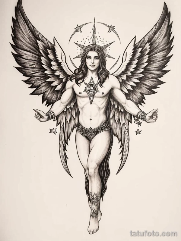 Эскизы тату Архангел Гавриил redraw tattoo sketches on a white sheet into a cosmic Archangel Gabriel tattoo sketch, with starry patterns, galaxy accents, dee tatufoto.com 329