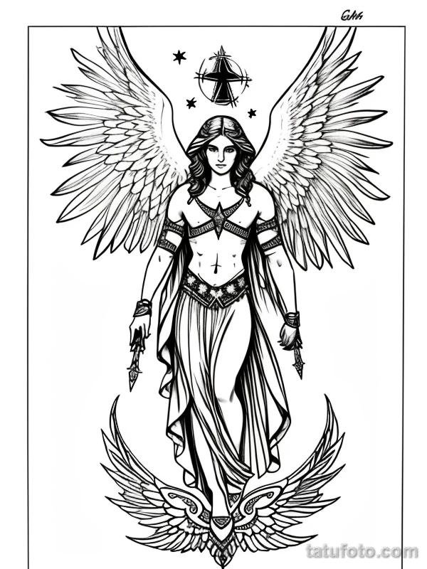 Эскизы тату Архангел Гавриил redraw tattoo sketches on a white sheet into a cosmic Archangel Gabriel tattoo sketch, with starry patterns, galaxy accents, dee tatufoto.com 579