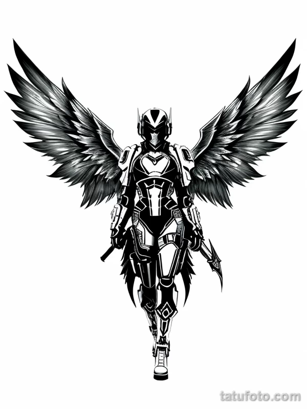 Эскизы тату Архангел Гавриил redraw tattoo sketches on a white sheet into a cyberpunk Archangel Gabriel tattoo sketch, with neon accents, futuristic details, tatufoto.com 101