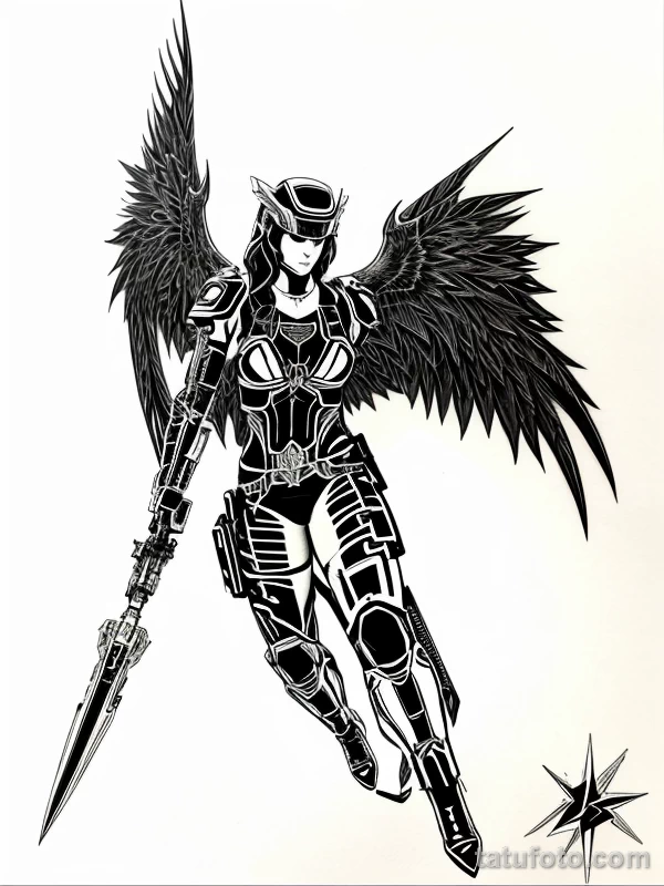 Эскизы тату Архангел Гавриил redraw tattoo sketches on a white sheet into a cyberpunk Archangel Gabriel tattoo sketch, with neon accents, futuristic details, tatufoto.com 220