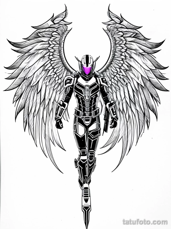 Эскизы тату Архангел Гавриил redraw tattoo sketches on a white sheet into a cyberpunk Archangel Gabriel tattoo sketch, with neon accents, futuristic details, tatufoto.com 245