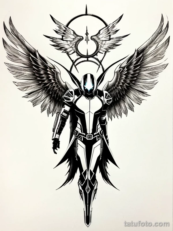 Эскизы тату Архангел Гавриил redraw tattoo sketches on a white sheet into a cyberpunk Archangel Gabriel tattoo sketch, with neon accents, futuristic details, tatufoto.com 295