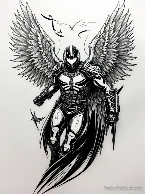 Эскизы тату Архангел Гавриил redraw tattoo sketches on a white sheet into a cyberpunk Archangel Gabriel tattoo sketch, with neon accents, futuristic details, tatufoto.com 320